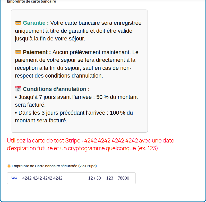 Formulaire de réservation MotoPress avec le mode de paiement Empreinte de carte bancaire : garantie, absence de prélèvement, conditions d'annulation et champ de carte Stripe